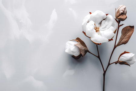 top view of cotton flowers on gray background with copy space, flat layの素材
