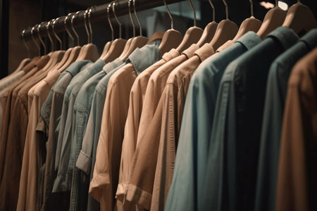 a row of shirts hanging on a rail in a store or clothing store, with a row of shirts hanging on a rail in front of them. .の素材