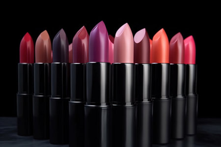 a group of lipsticks lined up in a row on a black background with a reflection of the lipstick in the middle of the row. .の素材