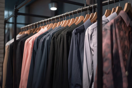 a rack of shirts hanging on a rail in a room with a brick wall and a light fixture in the corner of the room above it. .の素材