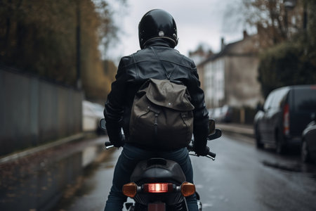 a man riding a motorcycle down a rain soaked street with a back pack on his back and a helmet on his head and a backpack on his back. .の素材
