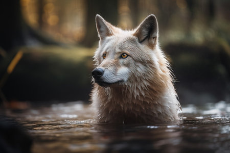 a close up of a wolf in a body of water with a forest in the backgrouf of the picture behind it and a blurry background. .の素材