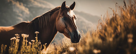 a horse standing in a field of tall grass with mountains in the background and clouds in the sky behind it, with a sunbeam on its face. .の素材