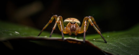 a close up of a spider on a leaf with a black background and a blurry image of the back end of the spider's legs. .の素材