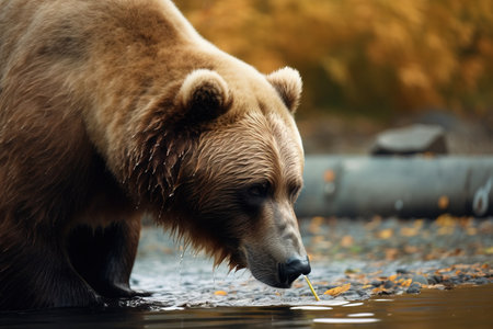 a brown bear standing on top of a river next to a forest filled with trees and leaves and eating a stick of food in it's mouth. .の素材