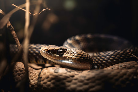 a snake is curled up on a branch in a dark room with light coming through the branches and the snake is looking at the camera. .の素材