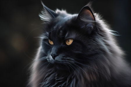 a close up of a black cat with a yellow eye looking at the camera with an intense look on it's face and whished eyes. .の素材