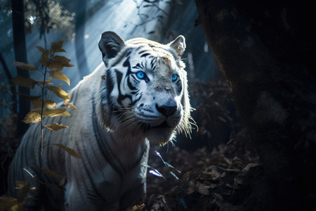 a white tiger with blue eyes walking through a forest filled with trees and leaves in the dark light of the sun shining through the leaves. .の素材