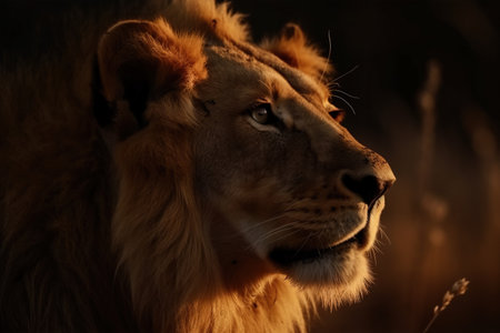 a close up of a lion in a field of grass with the sun shining on it's face and the head of the lion. .の素材