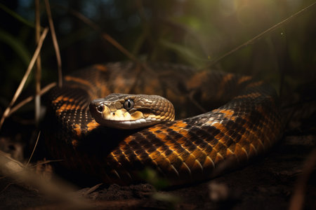 a brown and black snake laying on the ground with its mouth open and it's tongue out and it's tongue hanging out. .の素材