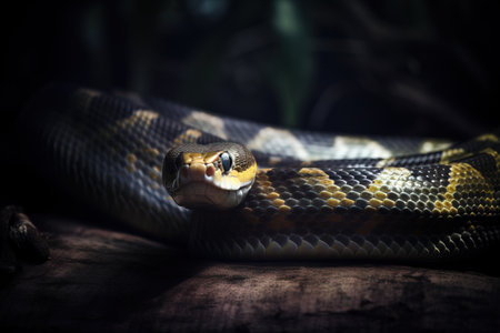 a close up of a snake on a tree branch in a dark room with a blurry background of leaves and branches in the foreground. .の素材