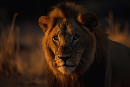 a close up of a lion in a field of grass with a light shining on the lion's face and the lion's head. .の素材
