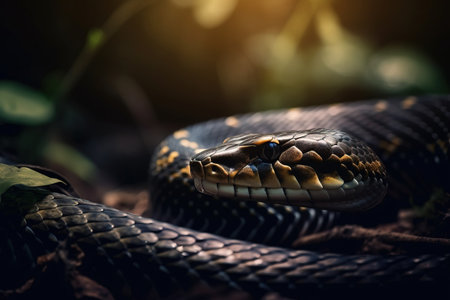 a close up of a snake on the ground with leaves in the foreground and a bright light in the back ground behind the snake. .の素材