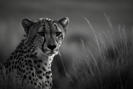 a black and white photo of a cheetah in a field of tall grass looking at the camera with a serious look on its face. .の素材