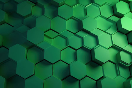 a green hexagonal background with lots of hexagonal cubes on top of each other in the center of the image is a green hexagonal pattern. .の素材