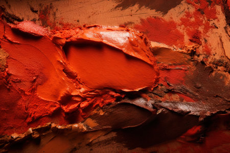 a close up of a red and brown wall with paint peeling off of it's sides and the paint chipping off of the wall. .の素材