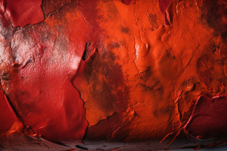 a close up of a red and orange wall with peeling paint on the walls and the paint chipping off of the wall is peeling. .の素材