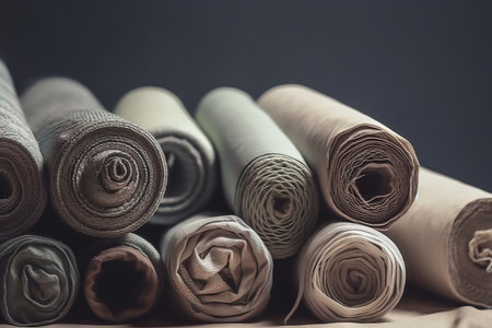 a pile of rolled up fabric sitting on top of a table next to each other on top of a sheet of paper on top of a table. .の素材
