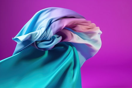 a woman with a blue and pink scarf on her head and a purple background with a pink and blue scarf on her head and a purple background. .の素材