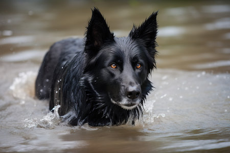 a black dog is wading in the water with his head above the water's surface and looking at the camera man's eye. .の素材