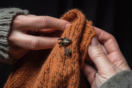 a woman is holding a piece of orange knitted material in her hands, with a needle in the middle of the piece of the material. .の素材