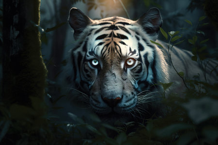 a white tiger with blue eyes in a forest with trees and leaves in the foreground and a bright light shining on the tiger's face. .の素材