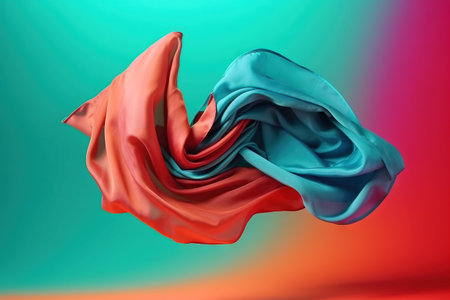 an abstract photo of a red, blue, and pink fabric flying through the air with a multi-colored background in the foreground. .の素材