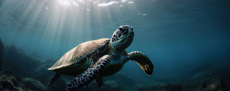 a turtle swimming in the ocean with sunlight streaming through the water's surface and sunlight streaming through the water's surface, creating a shadow on the water surface. .の素材