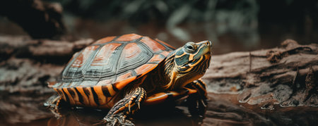 a close up of a turtle in a pond of water with rocks in the background and a rock wall in the foreground with water droplets on the surface. .の素材