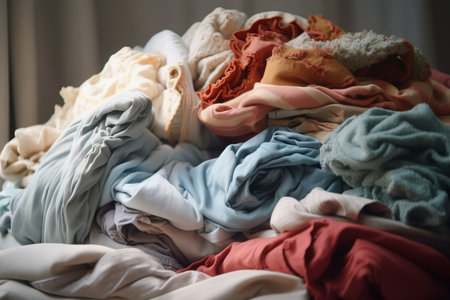 a pile of folded clothes sitting on top of a bed next to a window in a room with a curtain on the window sill. .の素材