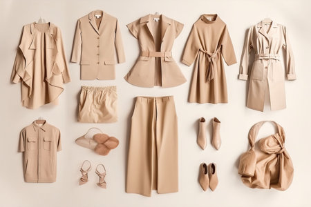 a collection of clothing and accessories laid out on a white surface, including a coat, pants, shoes, and a handbag,. .の素材