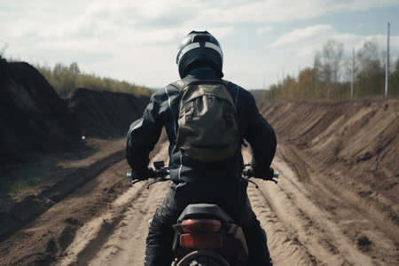 a man riding a motorcycle down a dirt road next to a field of dirt and a hill of dirt with trees in the background and a cloudy sky. .の素材