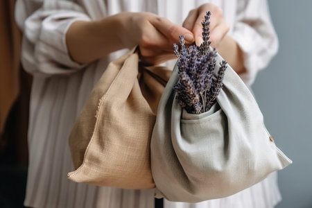 a person holding a bag with a bunch of lavenders in it and a cloth bag with a lavender plant in it, with a person's hands holding the bag. .の素材