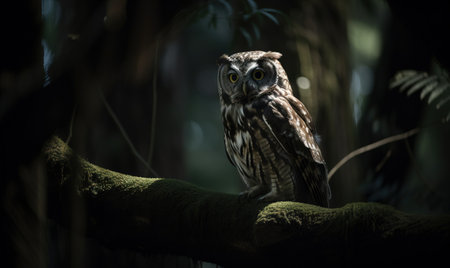 an owl is sitting on a branch in the dark forest, looking at the camera with a serious look on its face, with a blurry background of trees and leaves. .の素材