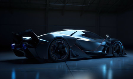 a futuristic sports car in a dark room with a spotlight on the side of the car and the door open to reveal the interior of the car. .の素材