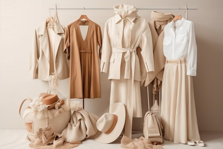 a bunch of clothes hanging on a clothes rack next to a purse and a purse on a clothes rack with clothes hanging on a clothes rack. .の素材