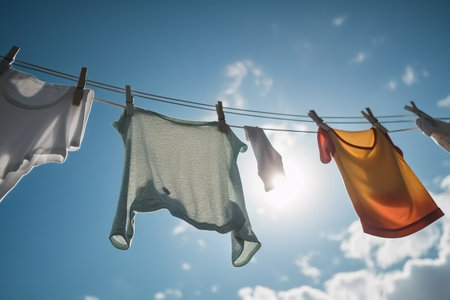 clothes hanging on a clothes line with the sun shining through the clouds in the sky behind them and a blue sky with clouds in the background. .の素材