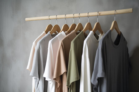 a row of shirts hanging on a clothes rack with a wooden hanger in front of it and a gray wall in the back ground. .の素材