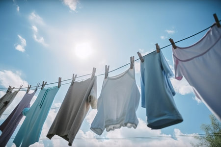 a line of clothes hanging on a clothes line with the sun in the background and clouds in the sky above them, with a line of clothes hanging on a clothes line. .の素材