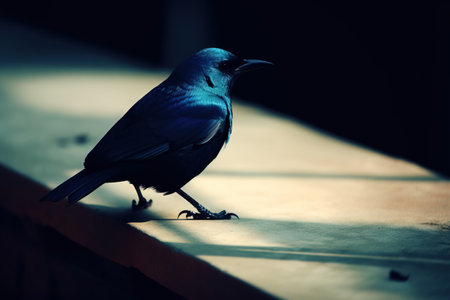 a blue bird sitting on top of a wooden table next to a shadow of a person's head on the floor of a room. .の素材