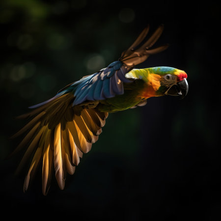 a colorful parrot flying through the air with its wings spread out and its head turned to the side of the parrot's body, with its wings spread wide open. .の素材