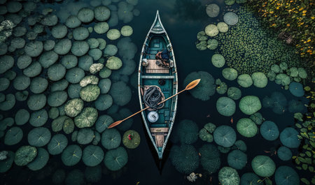 a boat floating on top of a body of water surrounded by green plants and lily paddling on top of the water with a paddle. .の素材