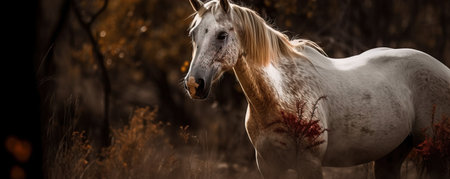 a white and brown horse with blood on it's face standing in a field of tall grass and trees in the background, with a black background. .の素材