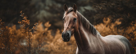 a brown horse standing in a field of tall grass and trees in the background, with the sun shining on the horse's head. .の素材