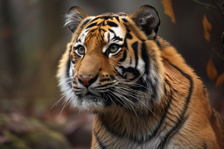 a close up of a tiger in a forest with leaves on the ground and a tree in the foreground with a blurry background. .の素材