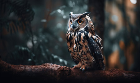 an owl is sitting on a branch in the woods with a blurry background of trees and branches in the foreground, with a dark sky and low light. .の素材