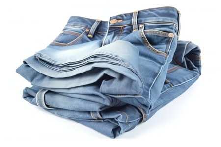 a stack of blue jeans sitting on top of a white floor next to a pile of blue jeans on top of a white floor and a pile of blue jeans. .の素材