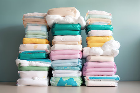 a stack of folded cloths sitting on top of a table next to a blue wall and a blue wall behind it is a stack of folded cloths. .の素材
