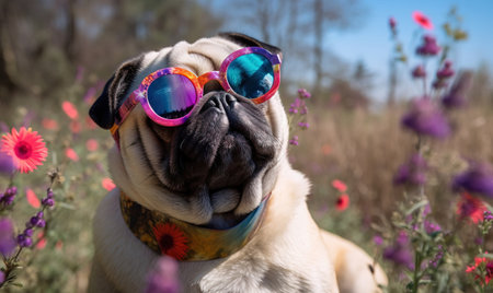 a pug dog wearing sunglasses in a field of wildflowers with a blue sky in the background and pink flowers in the foreground. .の素材