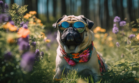 a pug dog wearing sunglasses in a field of wildflowers with a forest in the background behind it and a forest in the background. .の素材